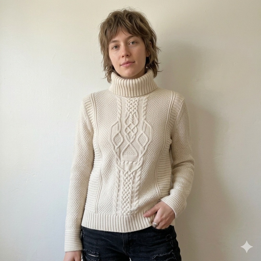 Skull Cashmere Sweater Womens Medium Cream Cable Knit‎ Wool Turtleneck Luxury